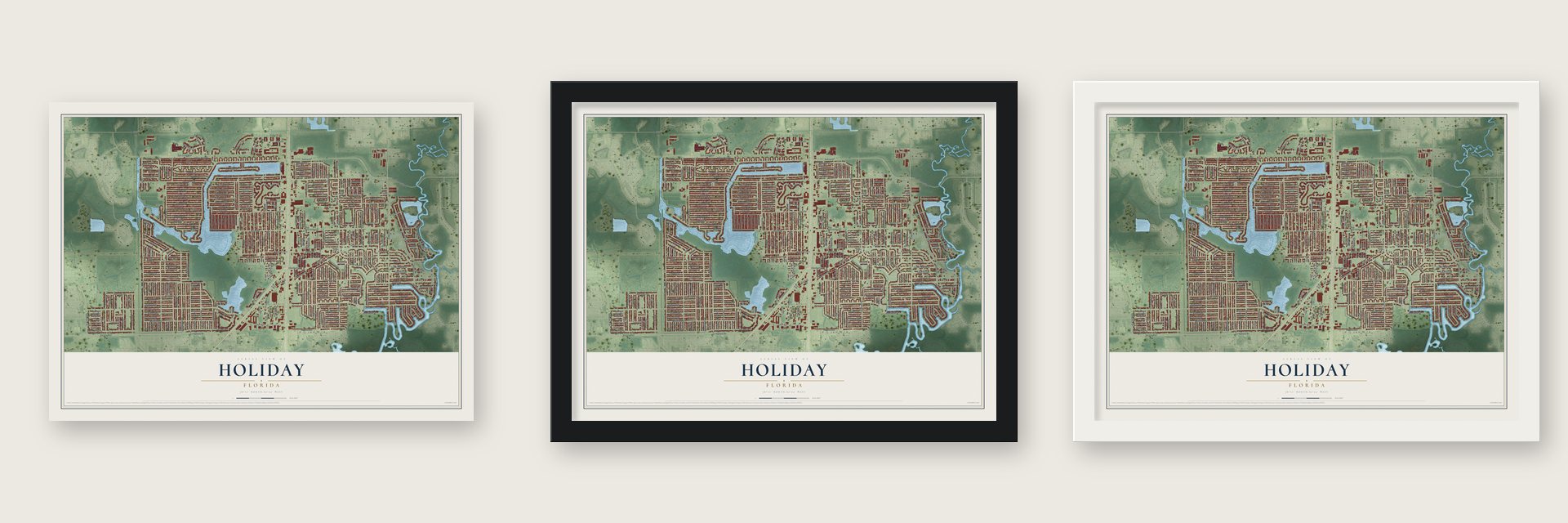 Holiday, Florida map unframed, in a black wood frame and in a white wood frame