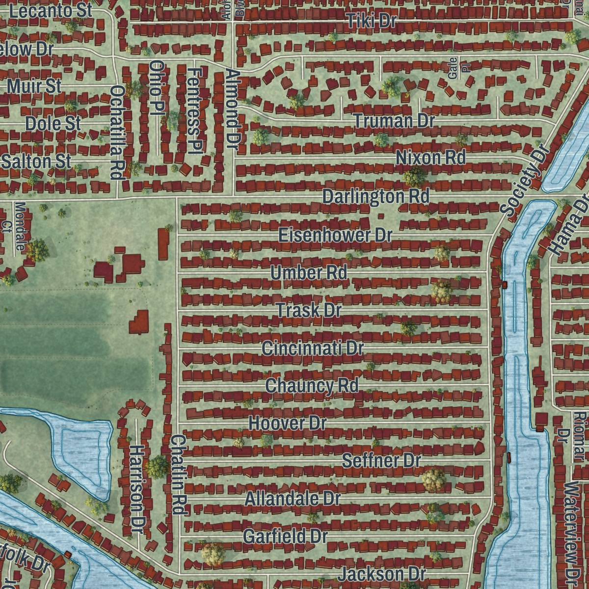 Second close-up of the map of Holiday, Florida print showing more streets and buildings