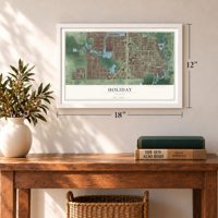 Holiday, Florida map, 12 x 18 inch print in a white frame in an entryway