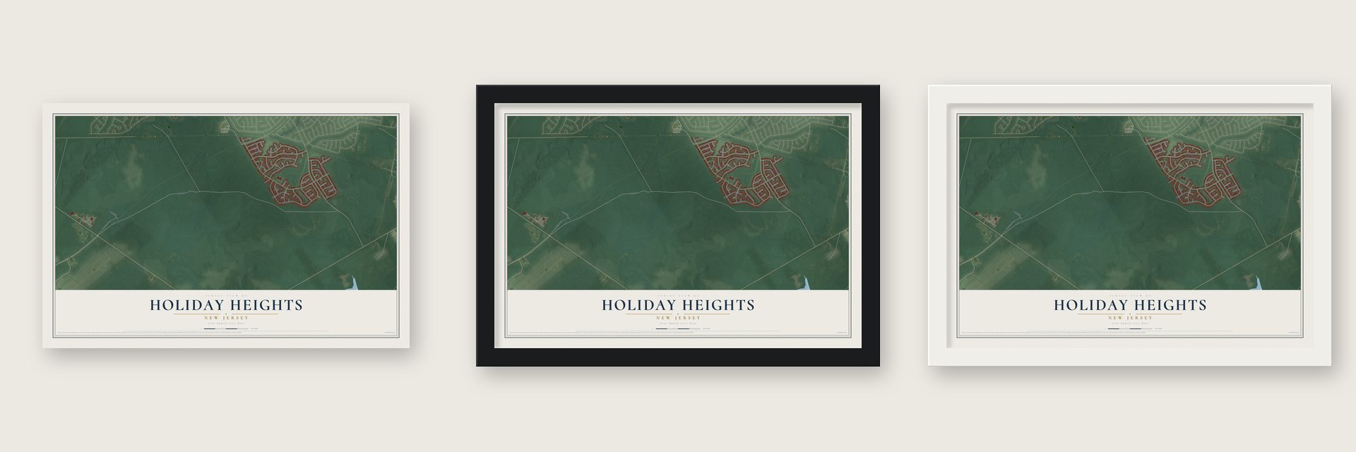 Holiday Heights, New Jersey map unframed, in a black wood frame and in a white wood frame