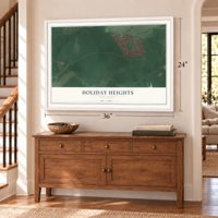 Holiday Heights, New Jersey map, 24 x 36 inch print in a white frame above a dresser by a staircase