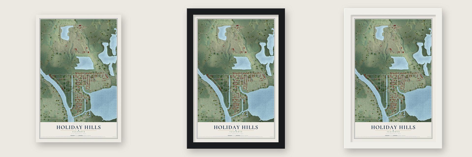 Holiday Hills, Illinois map unframed, in a black wood frame and in a white wood frame