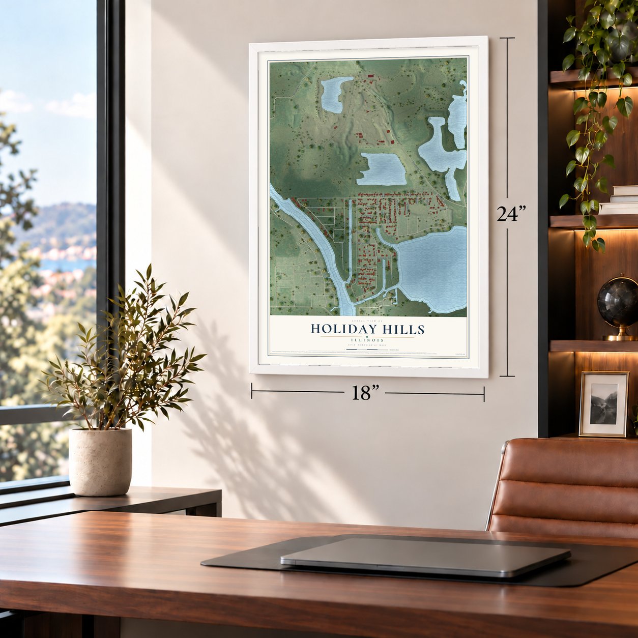 Holiday Hills, Illinois map, 18 x 24 inch print in a white frame in a home office