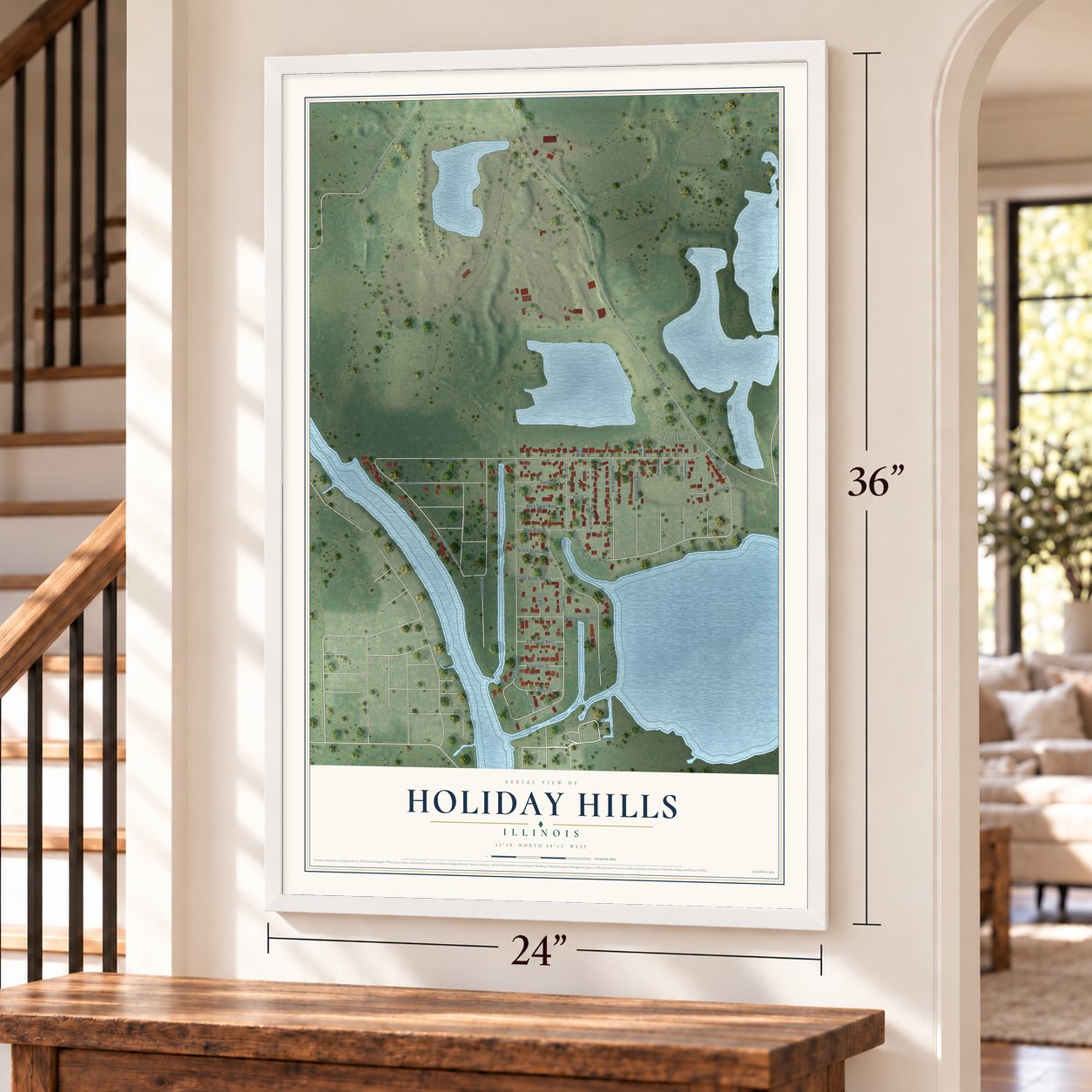 Holiday Hills, Illinois map, 24 x 36 inch print in a white frame by a staircase