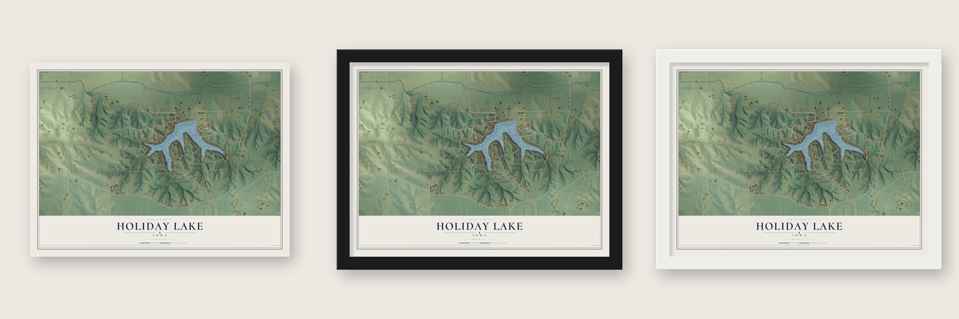 Holiday Lake, Iowa map unframed, in a black wood frame and in a white wood frame