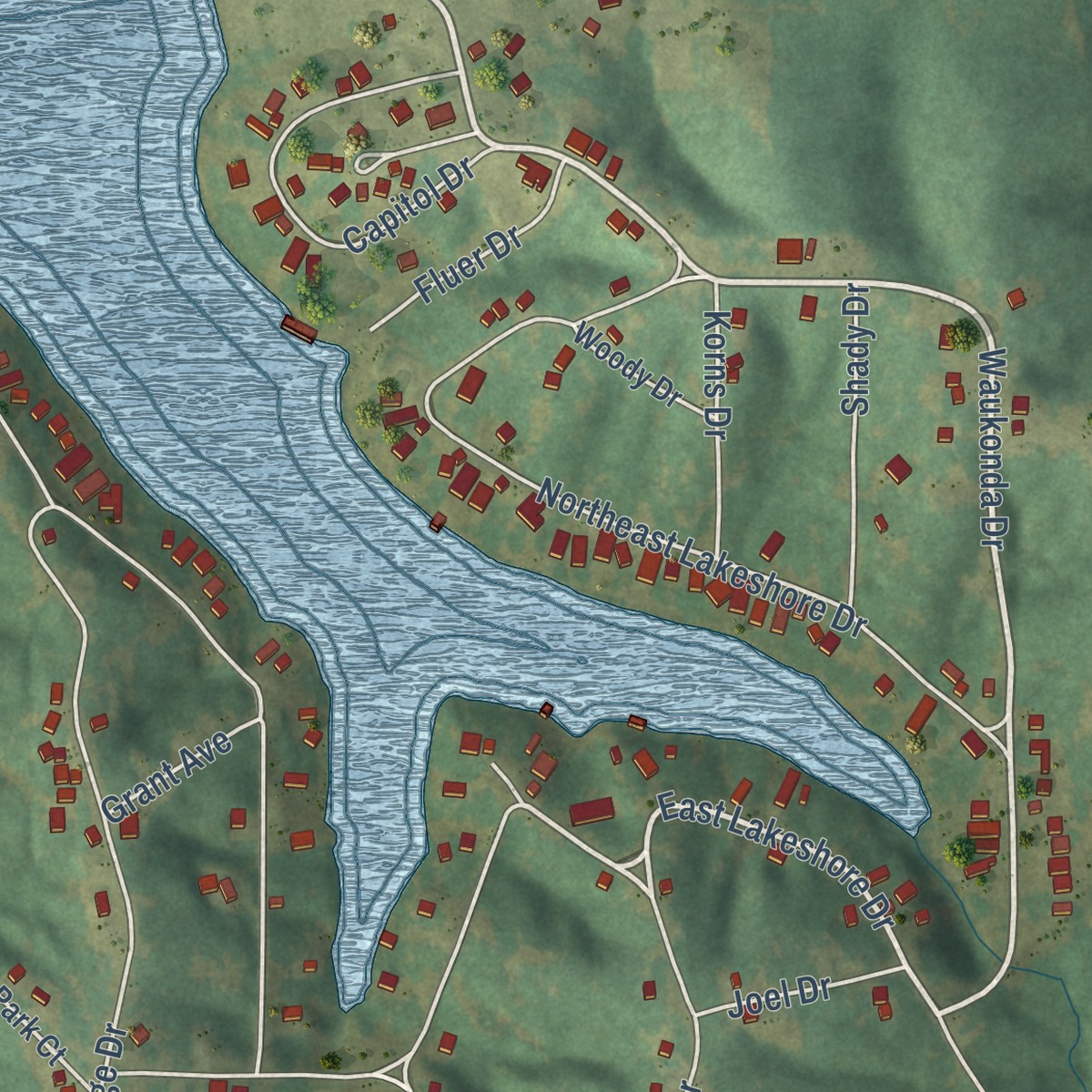 Second close-up of the map of Holiday Lake, Iowa print showing more streets and buildings