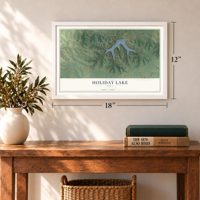 Holiday Lake, Iowa map, 12 x 18 inch print in a white frame in an entryway
