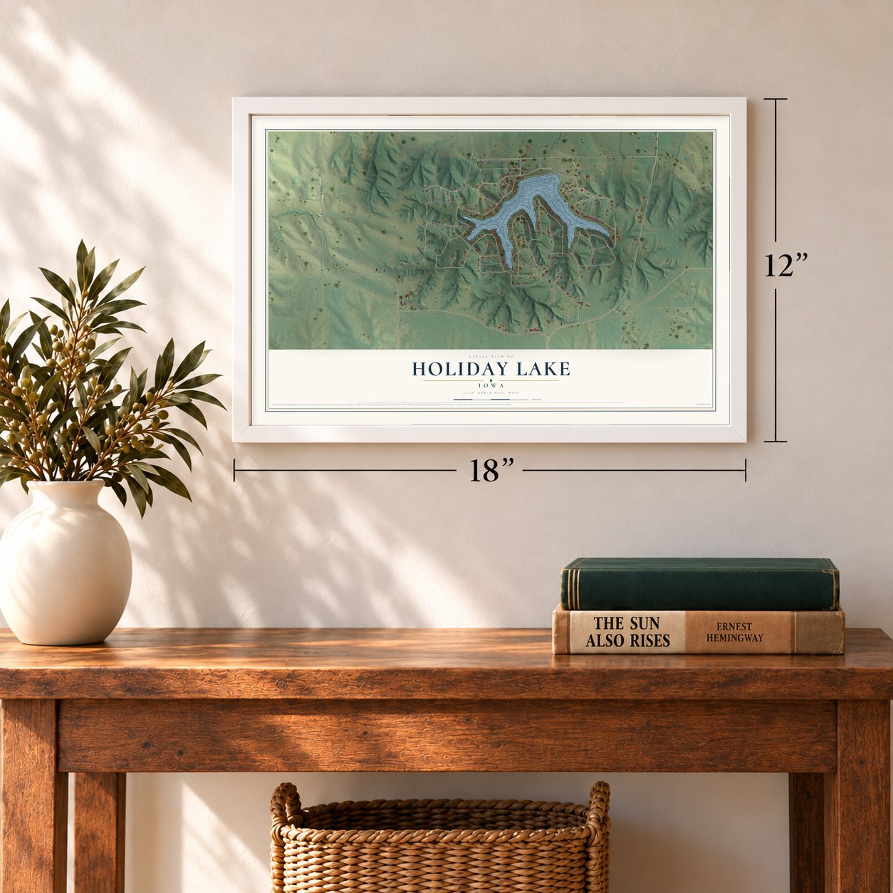 Holiday Lake, Iowa map, 12 x 18 inch print in a white frame in an entryway