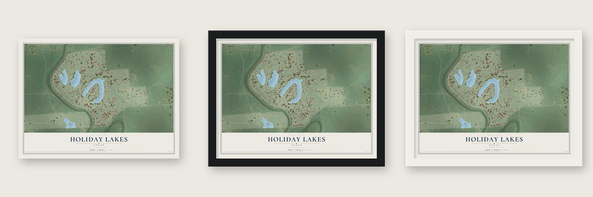 Holiday Lakes, Texas map unframed, in a black wood frame and in a white wood frame