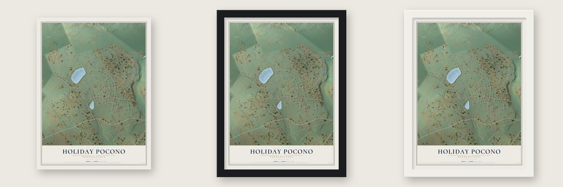 Holiday Pocono, Pennsylvania map unframed, in a black wood frame and in a white wood frame