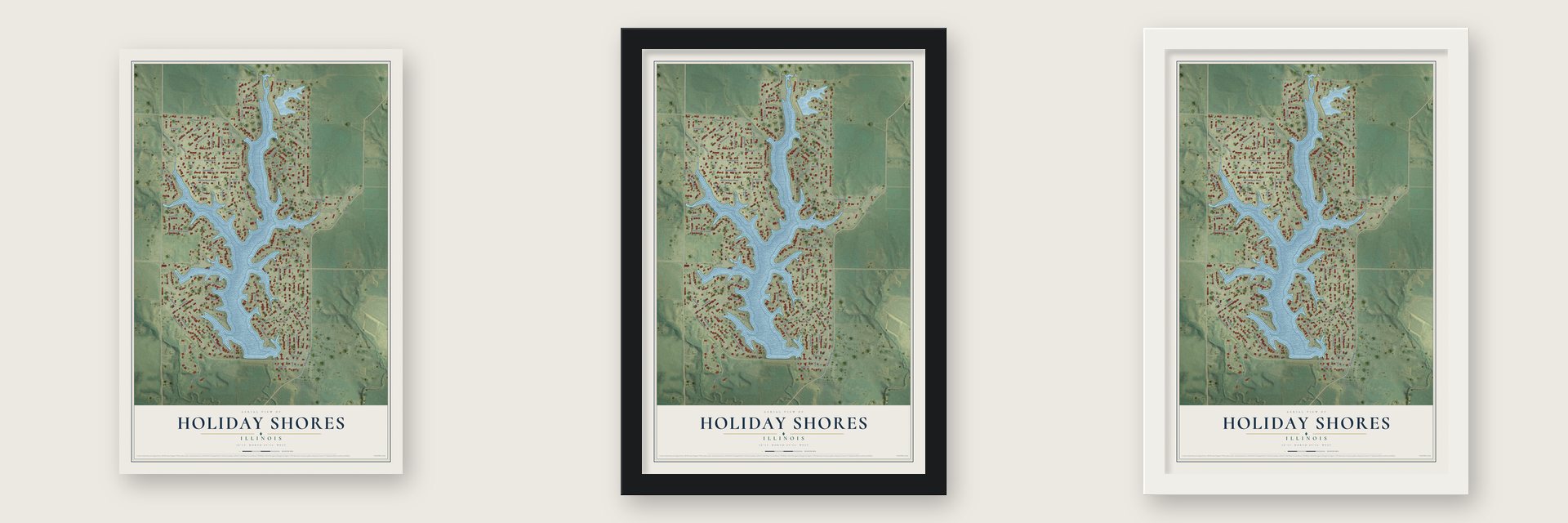Holiday Shores, Illinois map unframed, in a black wood frame and in a white wood frame