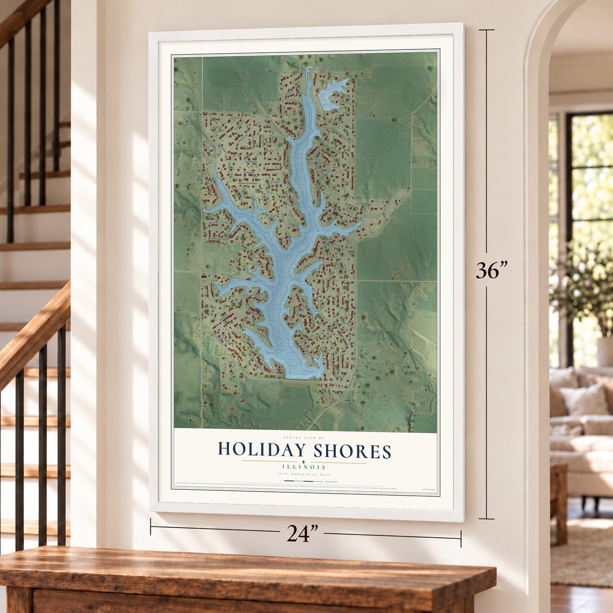 Holiday Shores, Illinois map, 24 x 36 inch print in a white frame by a staircase