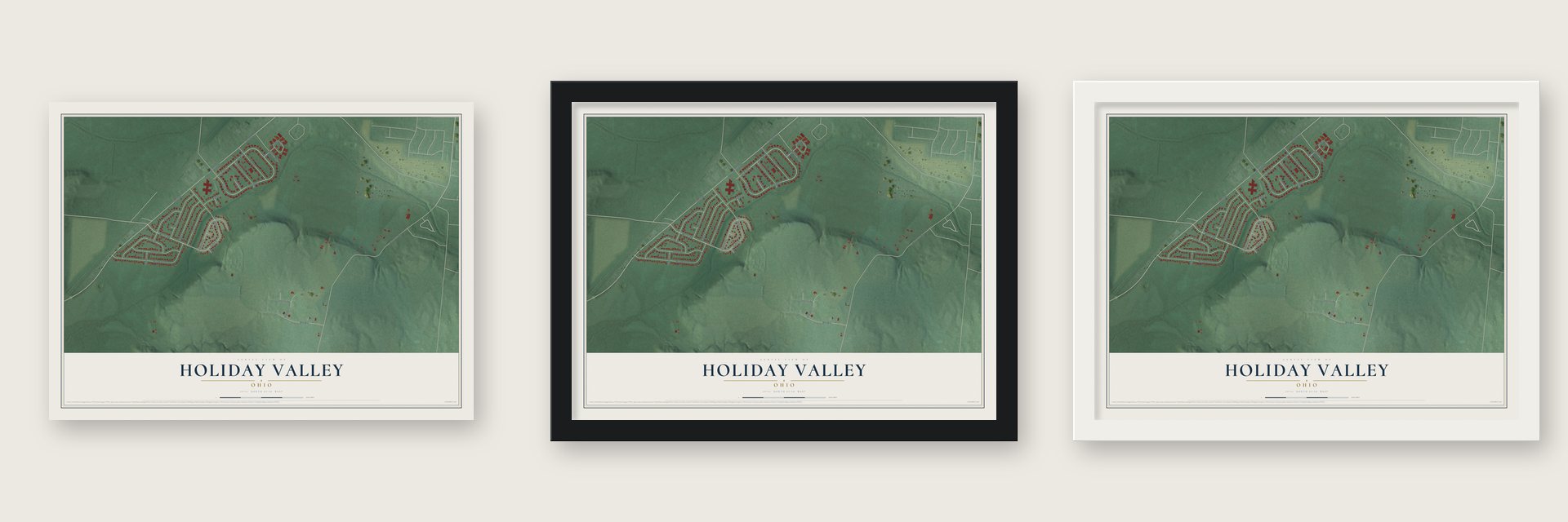 Holiday Valley, Ohio map unframed, in a black wood frame and in a white wood frame