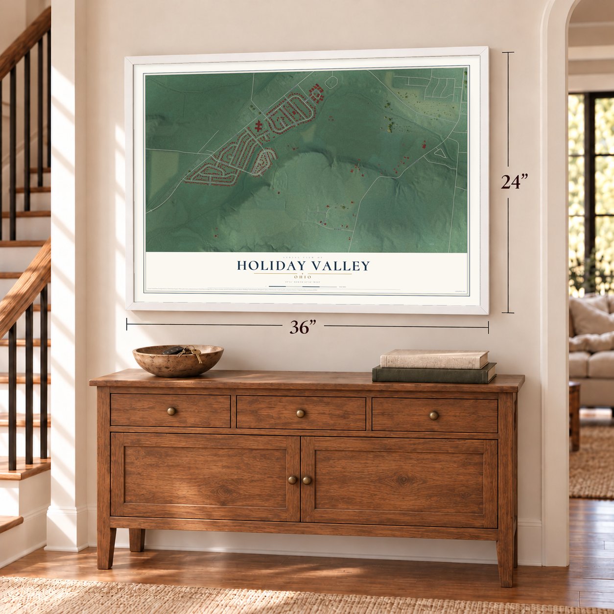 Holiday Valley, Ohio map, 24 x 36 inch print in a white frame above a dresser by a staircase