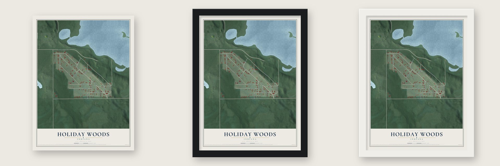 Holiday Woods, Indiana map unframed, in a black wood frame and in a white wood frame