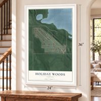 Holiday Woods, Indiana map, 24 x 36 inch print in a white frame by a staircase