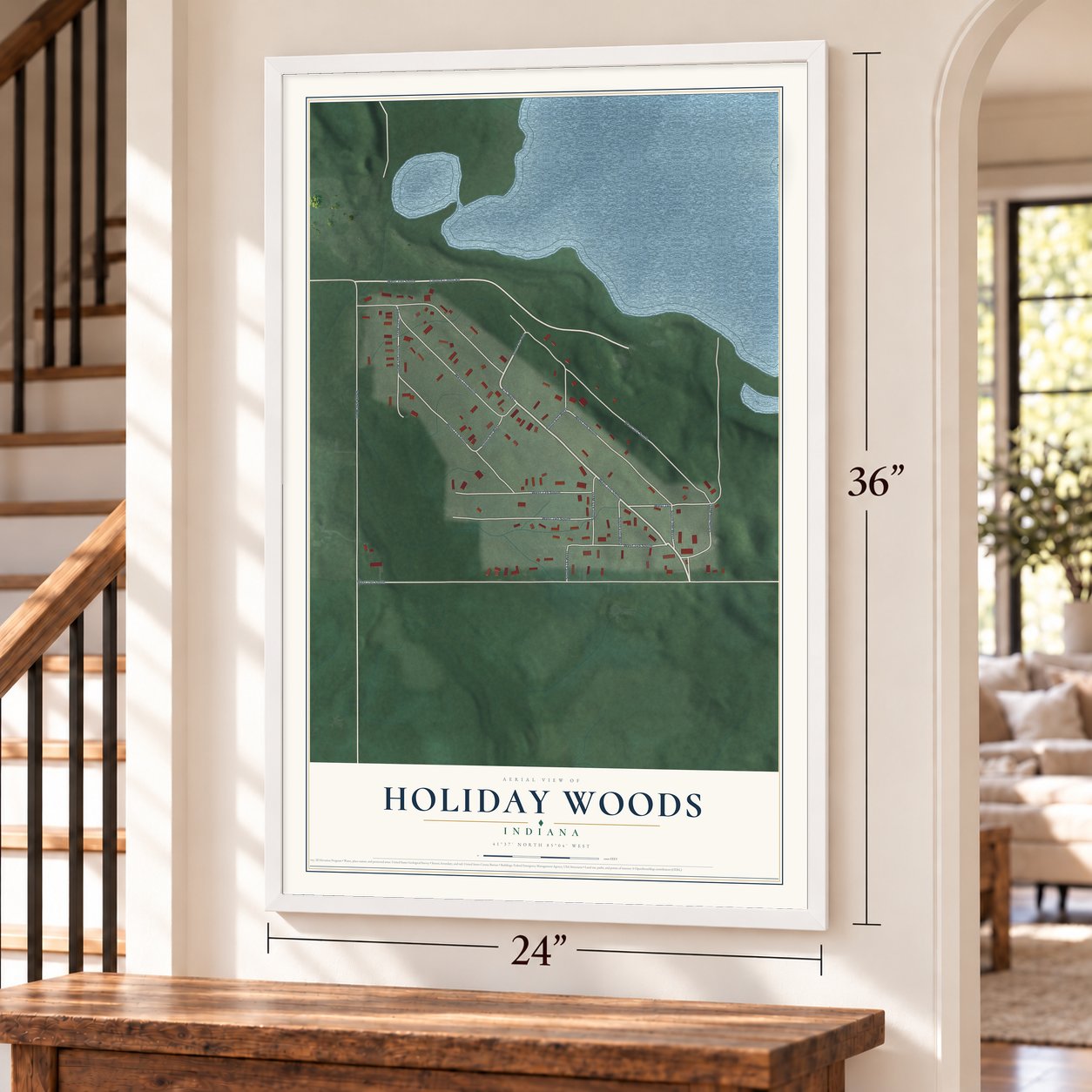 Holiday Woods, Indiana map, 24 x 36 inch print in a white frame by a staircase