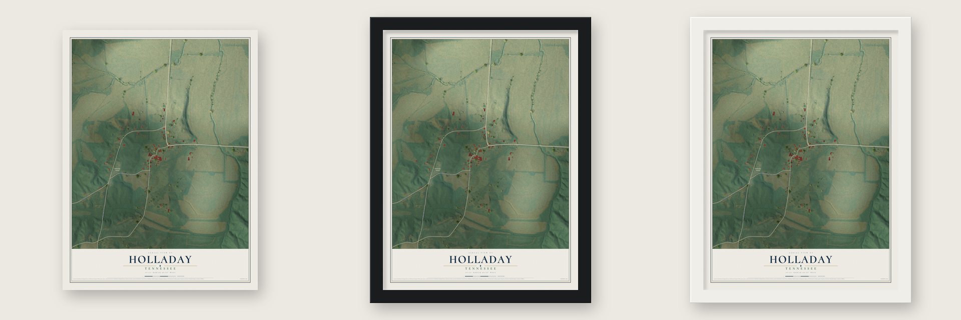 Holladay, Tennessee map unframed, in a black wood frame and in a white wood frame
