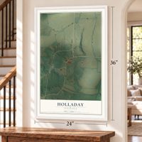 Holladay, Tennessee map, 24 x 36 inch print in a white frame by a staircase