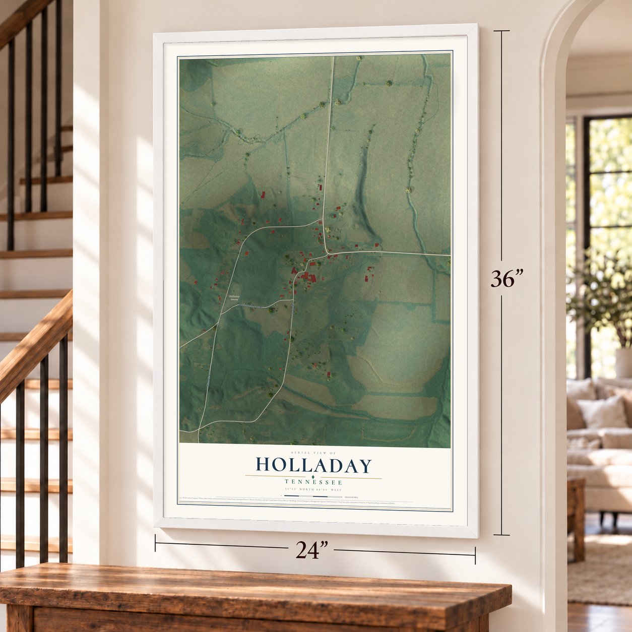 Holladay, Tennessee map, 24 x 36 inch print in a white frame by a staircase