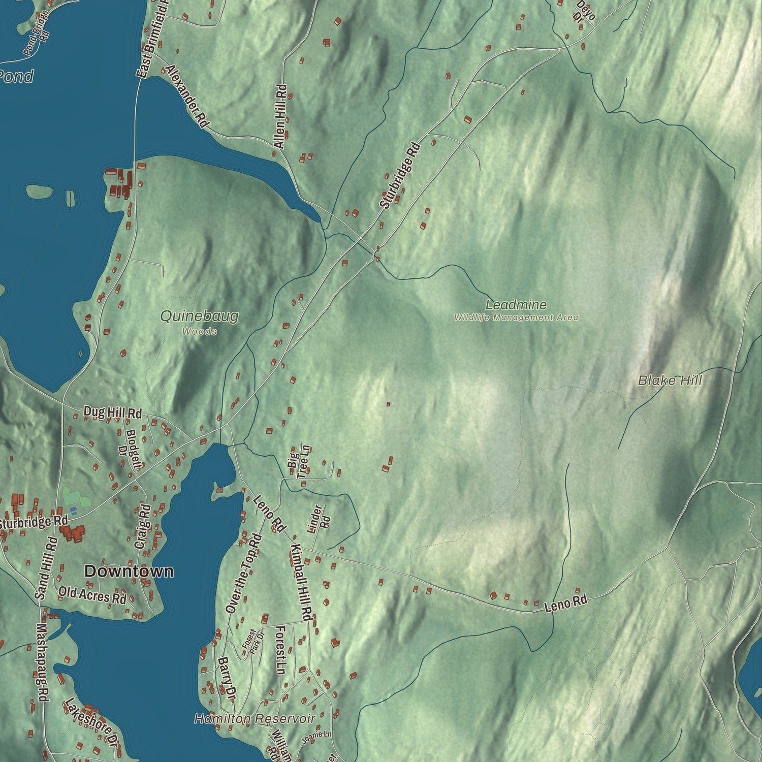 Close-up of the map of Holland, Massachusetts print showing terrain and local geography