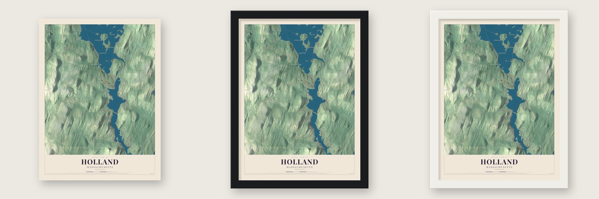 Holland, Massachusetts map unframed, in a black wood frame and in a white wood frame