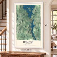 Holland, Massachusetts map, 24 x 36 inch print in a white frame by a staircase