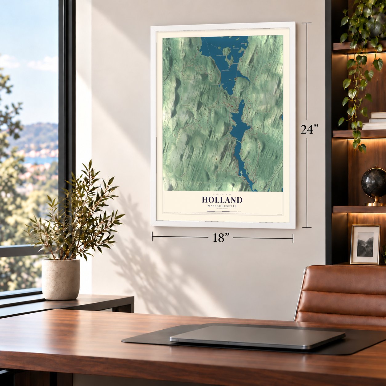 Holland, Massachusetts map, 18 x 24 inch print in a white frame in a home office