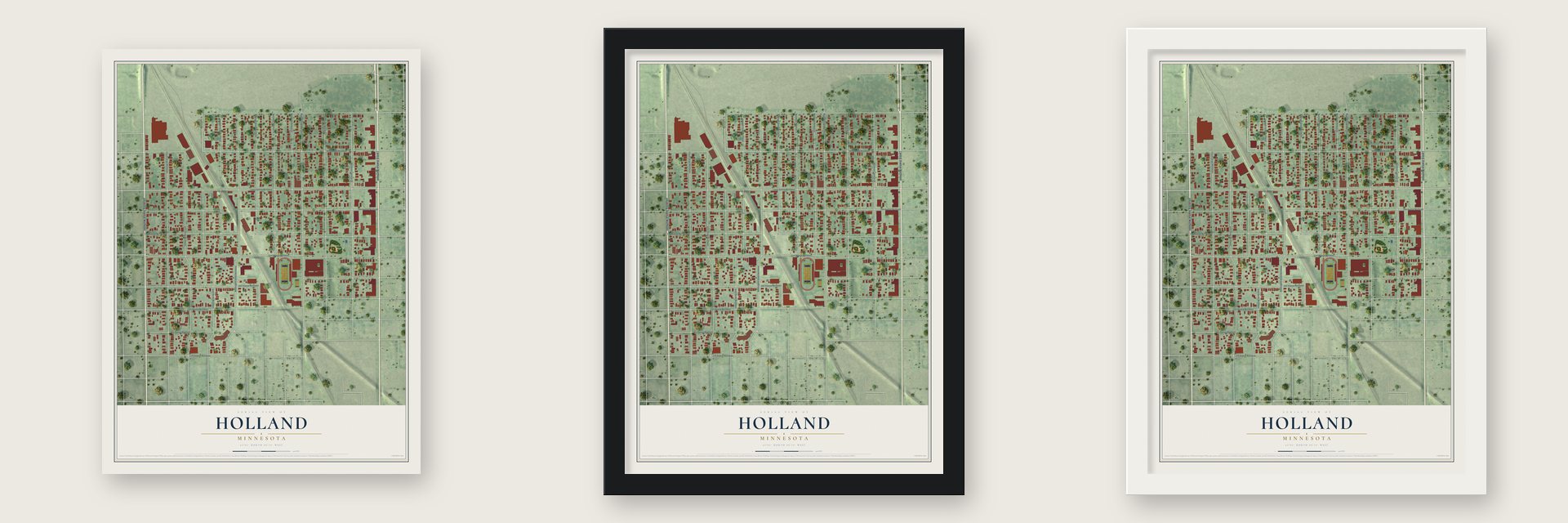 Holland, Minneapolis, Minnesota map unframed, in a black wood frame and in a white wood frame