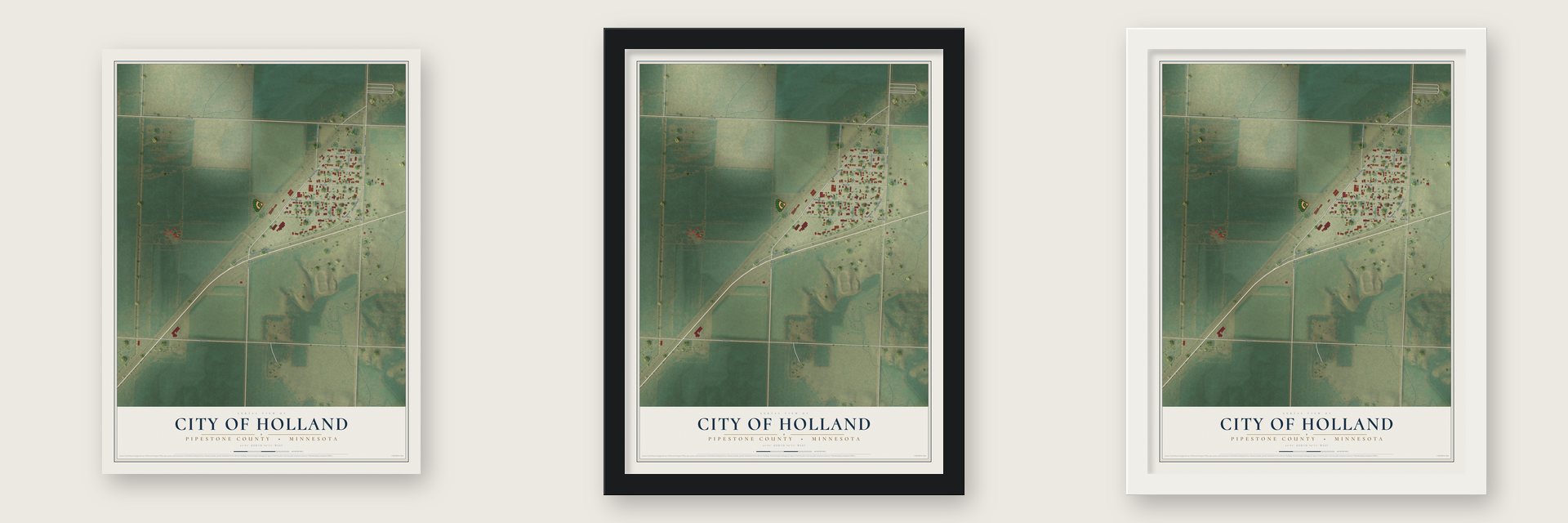 Holland, Minnesota map unframed, in a black wood frame and in a white wood frame