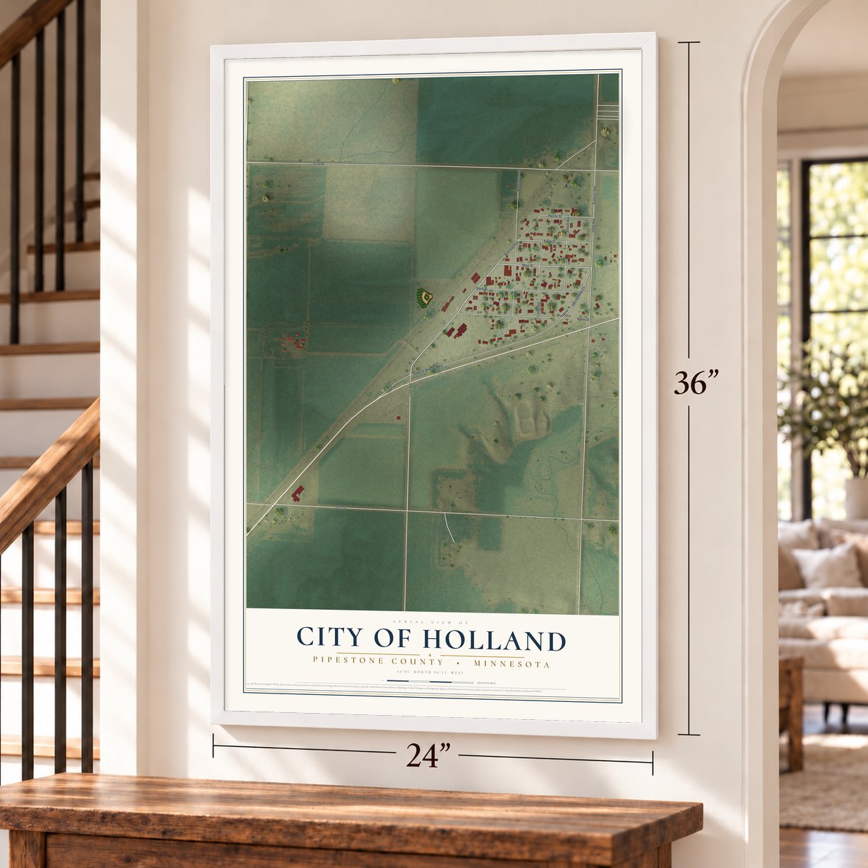 Holland, Minnesota map, 24 x 36 inch print in a white frame by a staircase