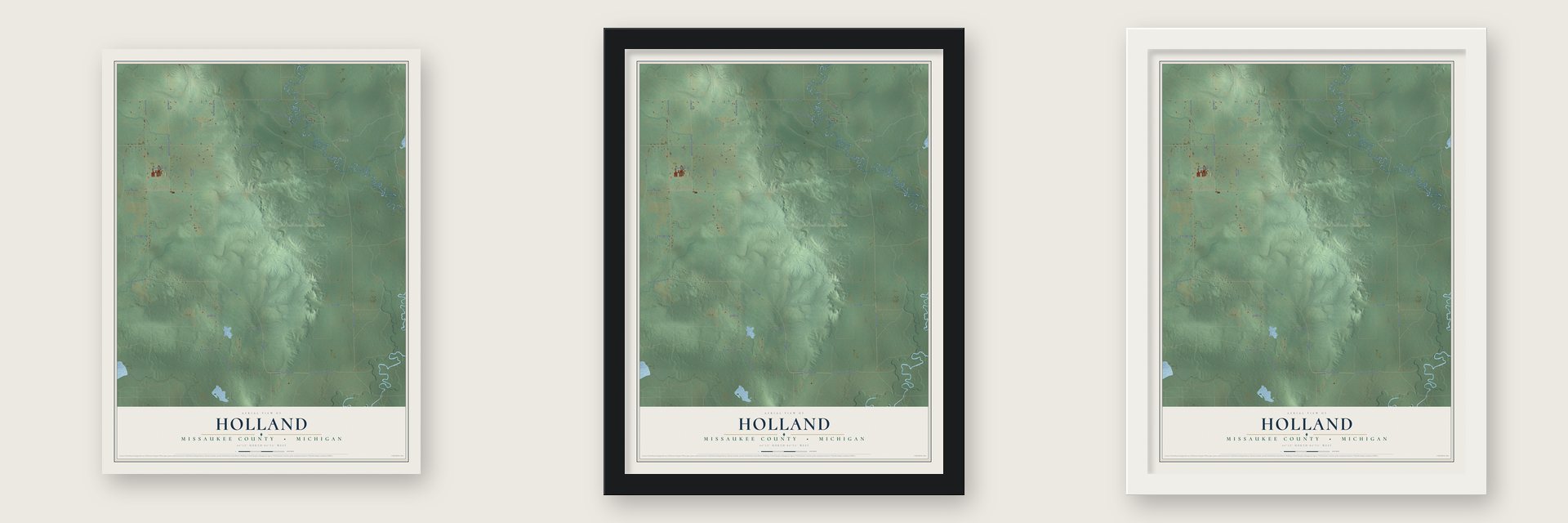 Holland, Missaukee County, Michigan map unframed, in a black wood frame and in a white wood frame