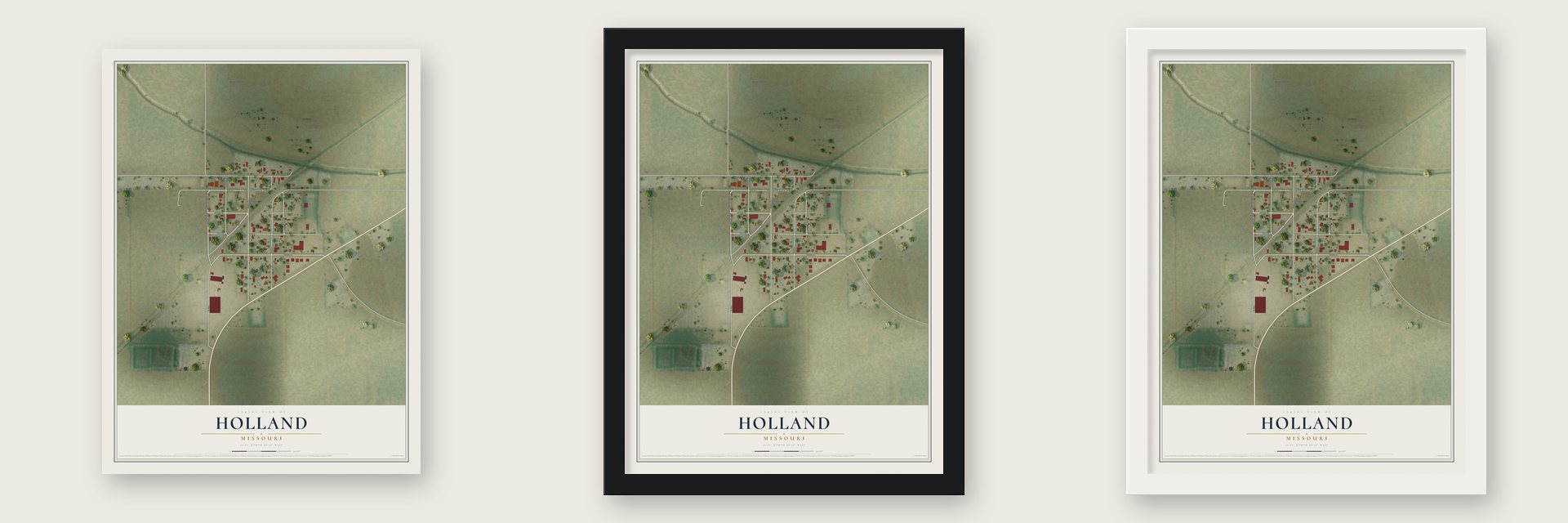 Holland, Missouri map unframed, in a black wood frame and in a white wood frame