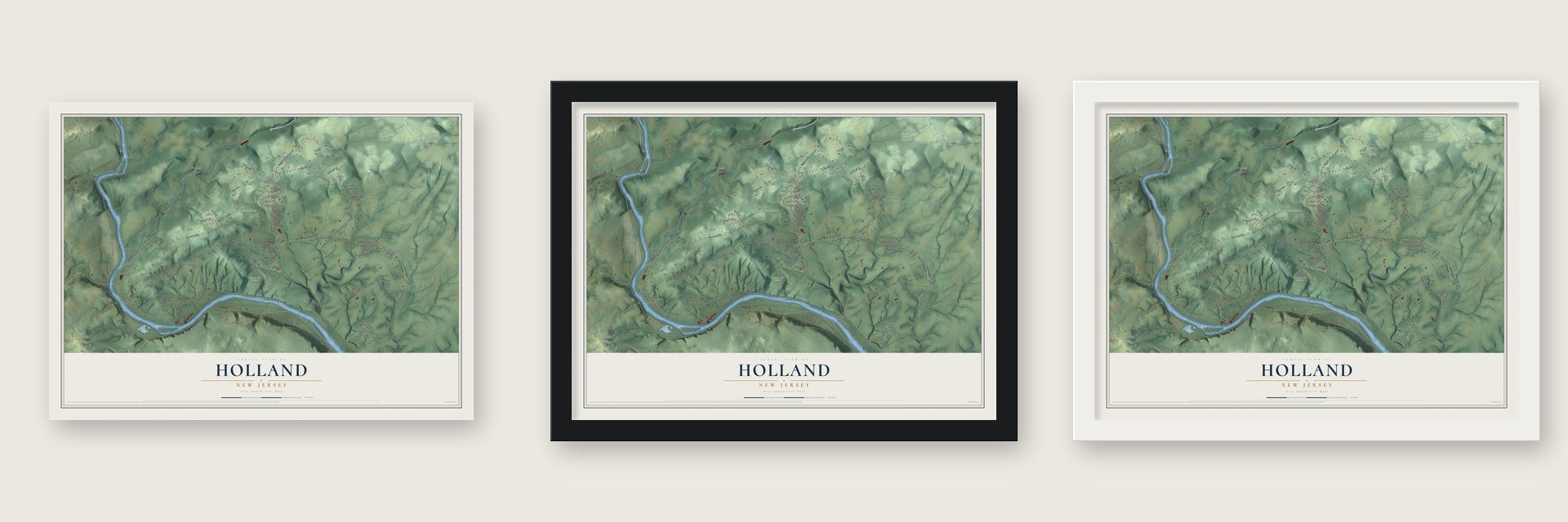 Holland, New Jersey map unframed, in a black wood frame and in a white wood frame