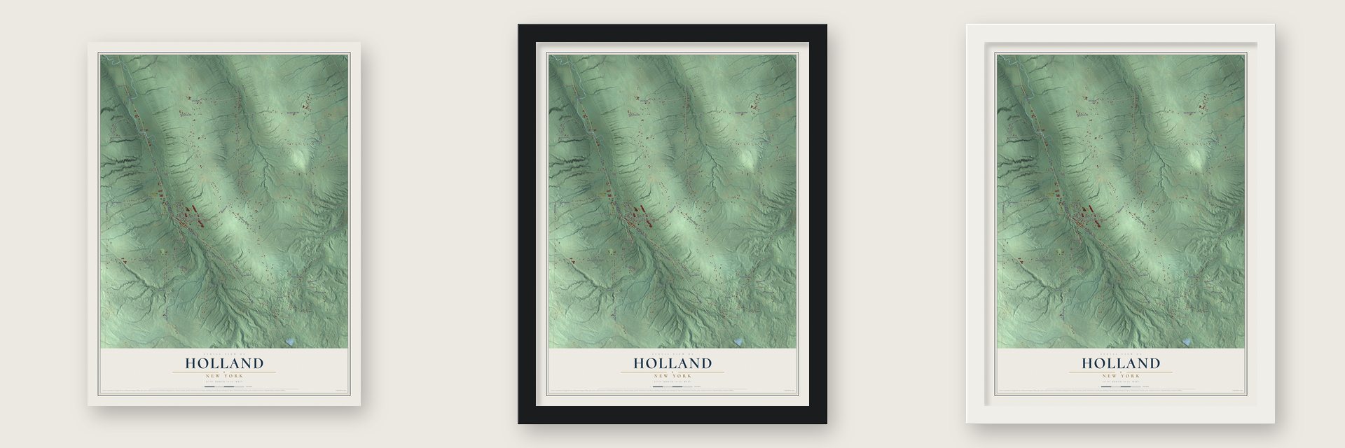 Holland, New York map unframed, in a black wood frame and in a white wood frame