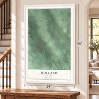 Holland, New York map, 24 x 36 inch print in a white frame by a staircase