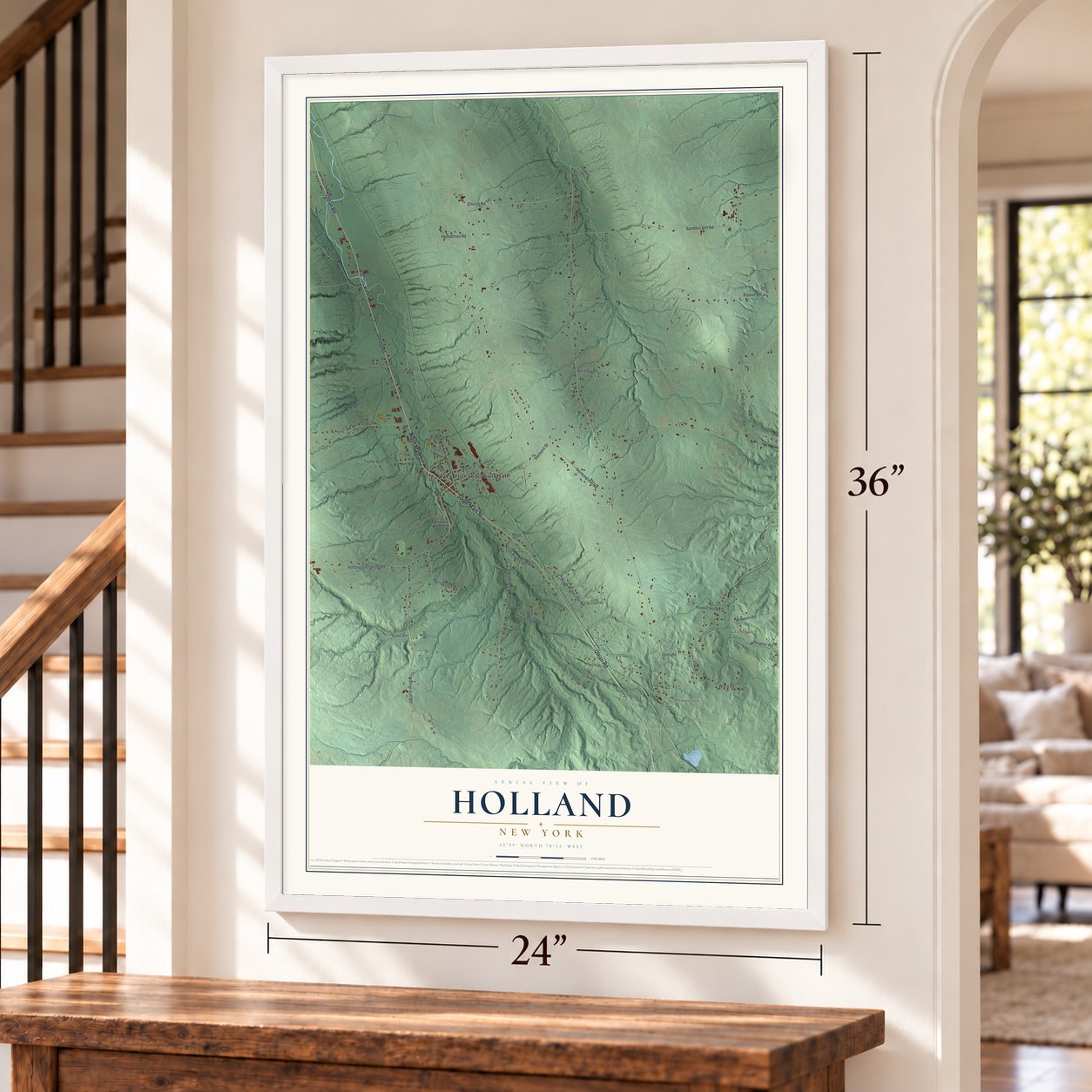 Holland, New York map, 24 x 36 inch print in a white frame by a staircase