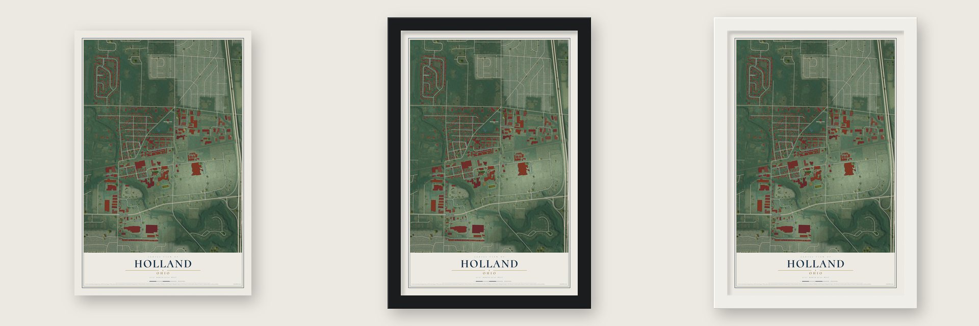 Holland, Ohio map unframed, in a black wood frame and in a white wood frame