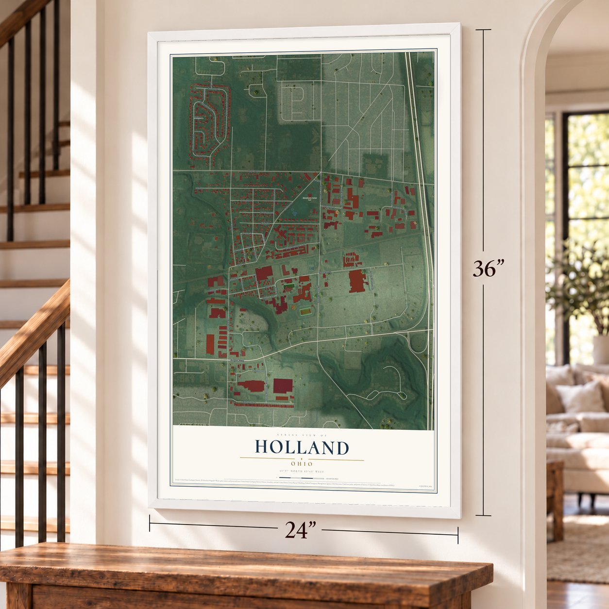 Holland, Ohio map, 24 x 36 inch print in a white frame by a staircase