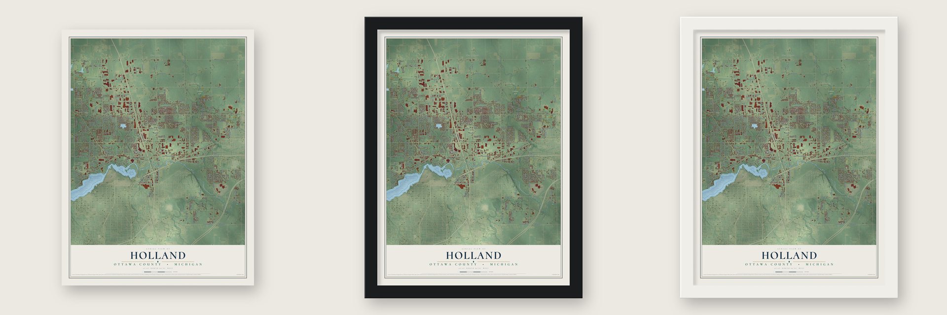 Holland, Ottawa County, Michigan map unframed, in a black wood frame and in a white wood frame