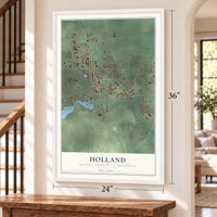 Holland, Ottawa County, Michigan map, 24 x 36 inch print in a white frame by a staircase