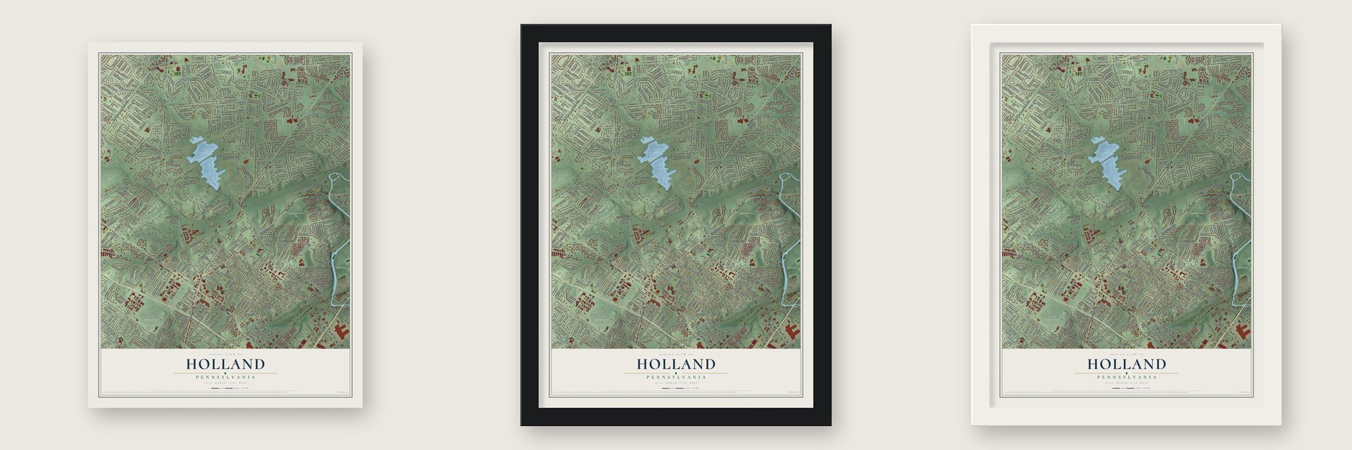 Holland, Pennsylvania map unframed, in a black wood frame and in a white wood frame