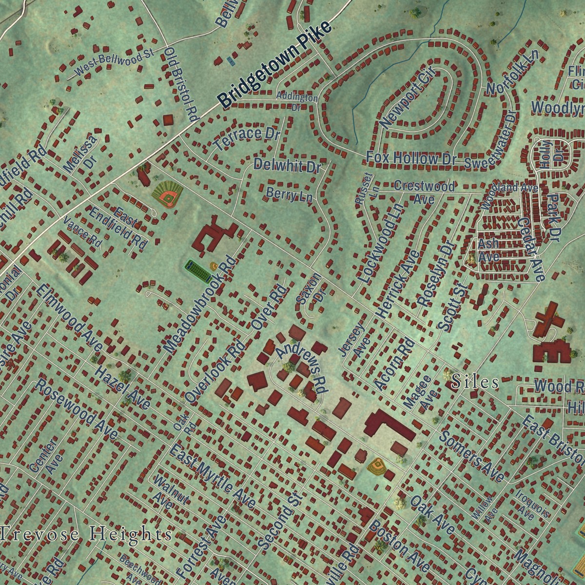 Second close-up of the map of Holland, Pennsylvania print showing more streets and buildings