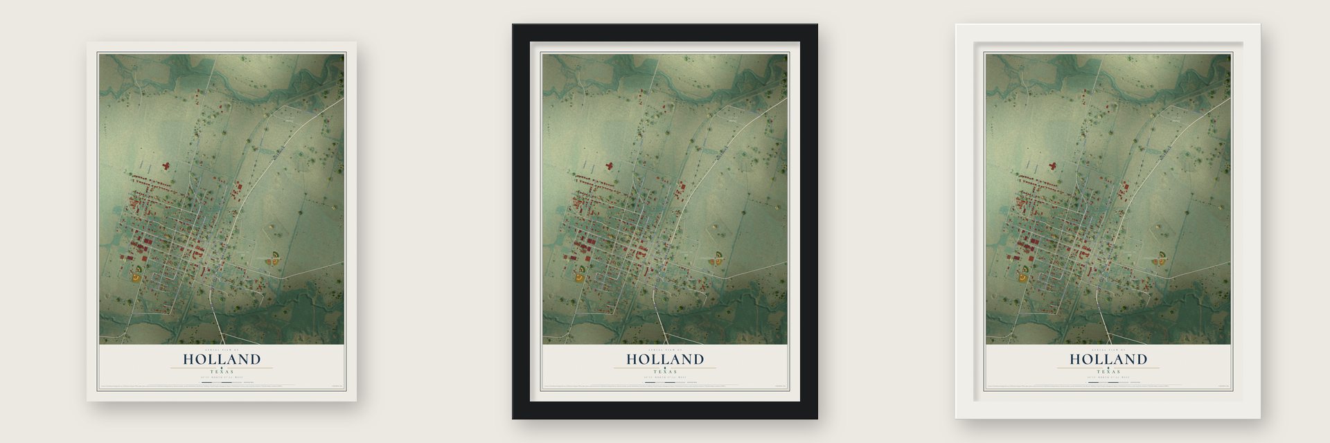Holland, Texas map unframed, in a black wood frame and in a white wood frame