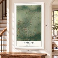 Holland, Texas map, 24 x 36 inch print in a white frame by a staircase