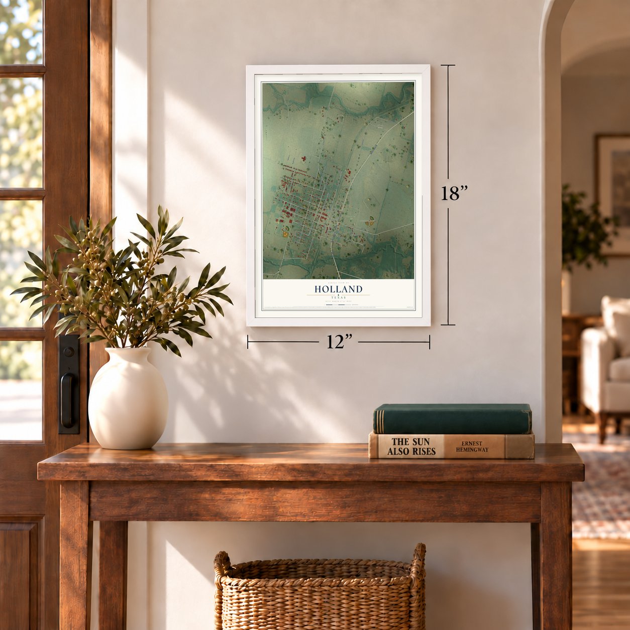 Holland, Texas map, 12 x 18 inch print in a white frame in an entryway