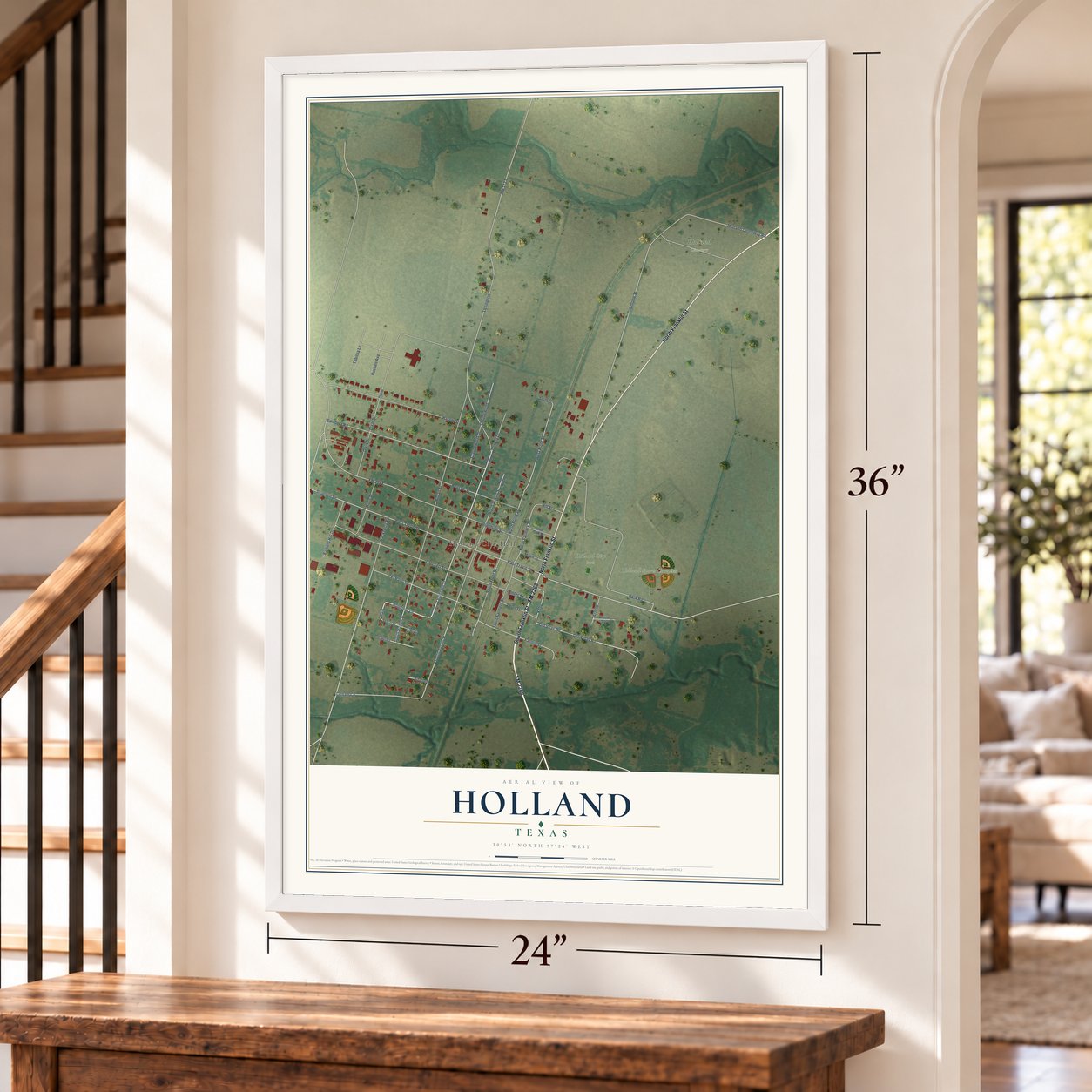 Holland, Texas map, 24 x 36 inch print in a white frame by a staircase