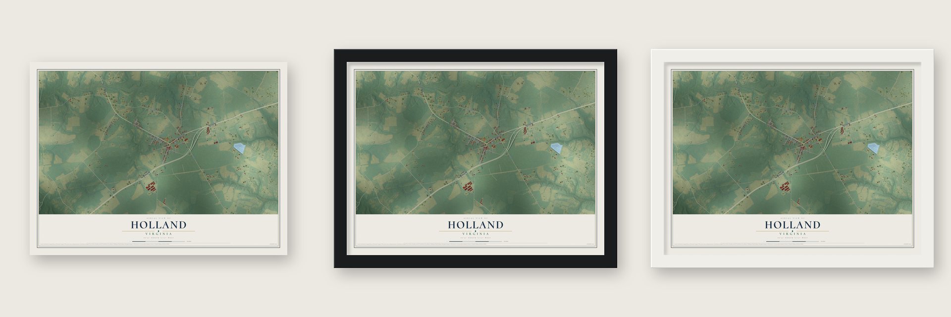 Holland, Virginia map unframed, in a black wood frame and in a white wood frame