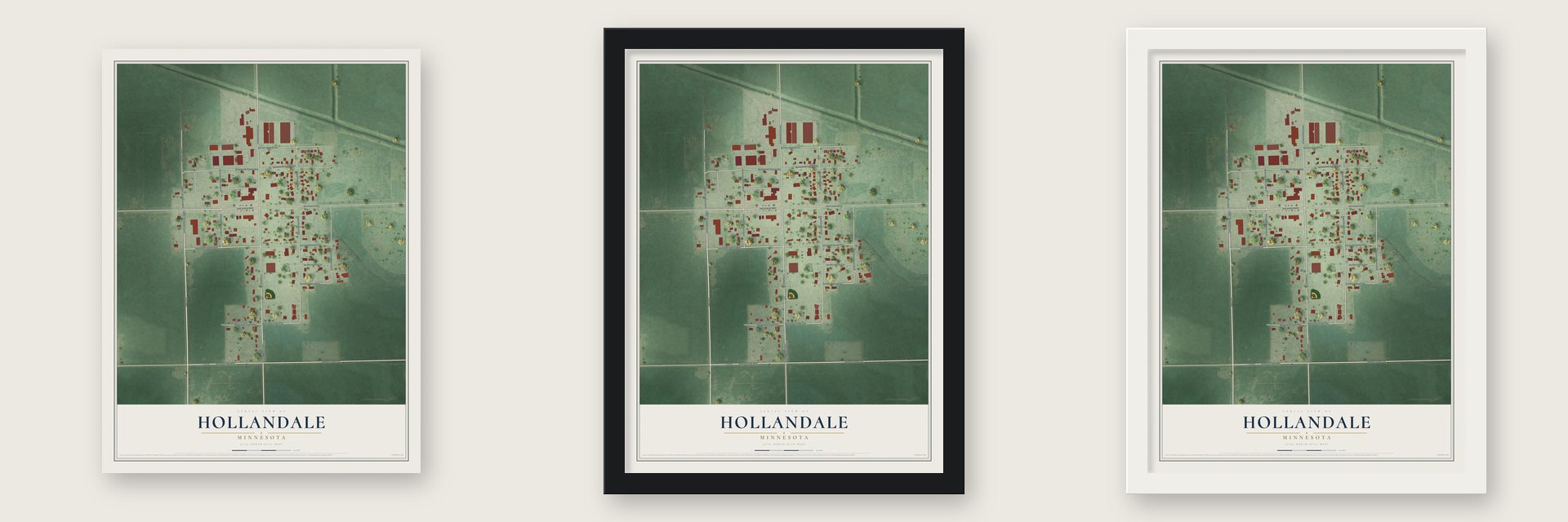 Hollandale, Minnesota map unframed, in a black wood frame and in a white wood frame