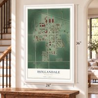 Hollandale, Minnesota map, 24 x 36 inch print in a white frame by a staircase